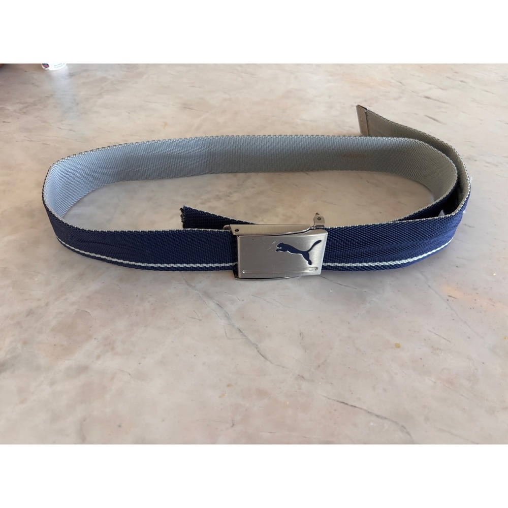 Puma Golf Mens Navy Blue Striped Web Belt Bottle Opener Buckle Adjustable 46in